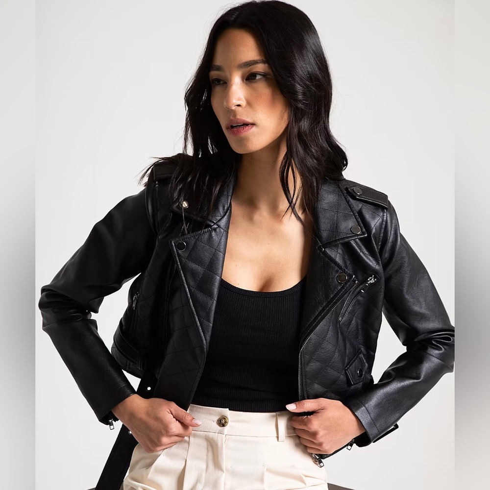 STOOSH Faux Leather Black Motorcycle Bomber Jacket
